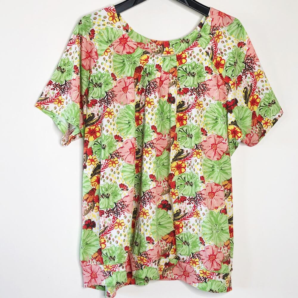 Anthony Richards Size 3X Top Tropical Print Short Sleeve Blouse Pink Green
